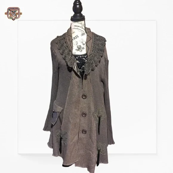 Fantazia Lagerlook Wool Patchwork Knit Oversized Cardigan Sweater, Medium - Picture 8 of 11